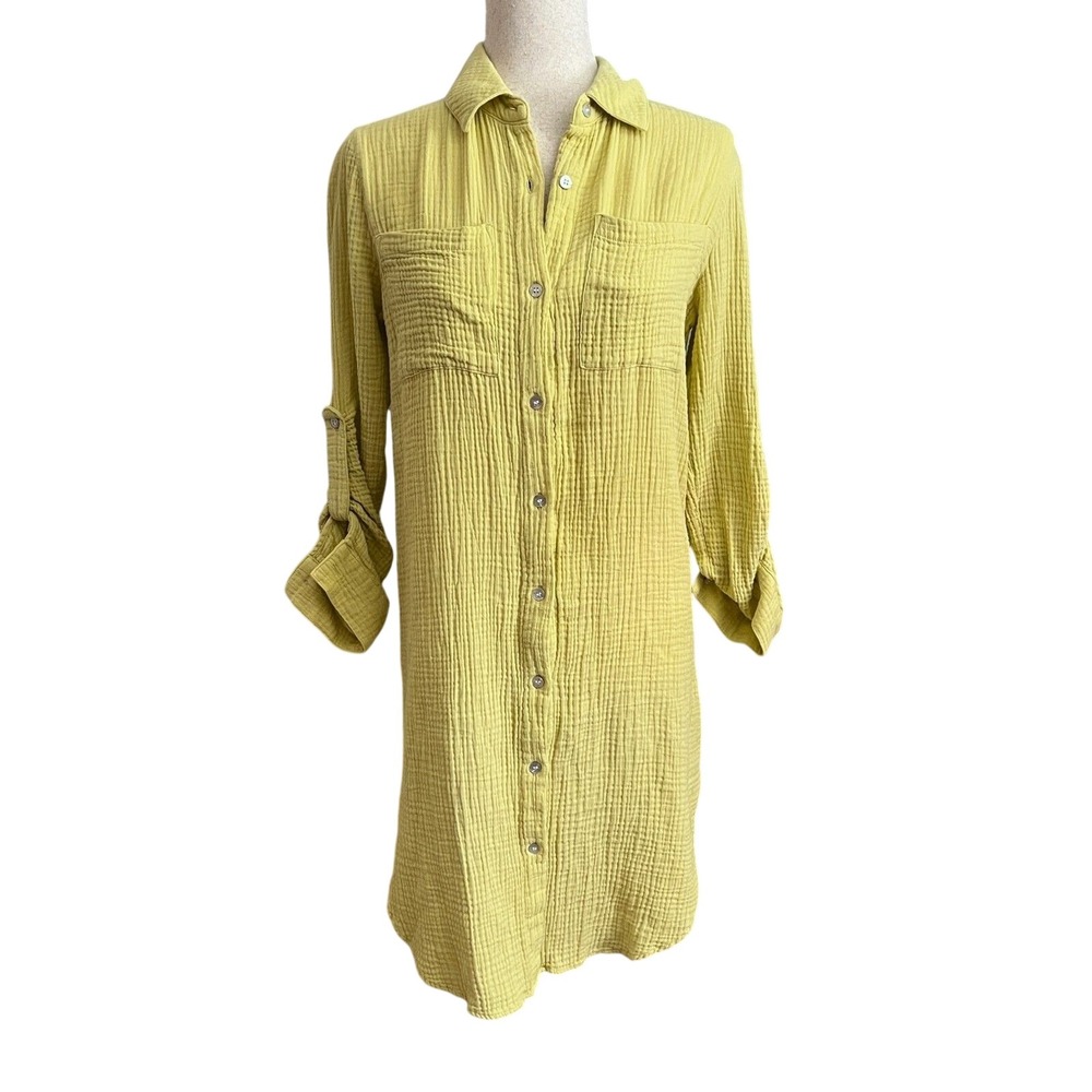 Magaschoni Yellow Chartreuse Gauze Shirt Dress Airy Organic Cotton Resort Size S
